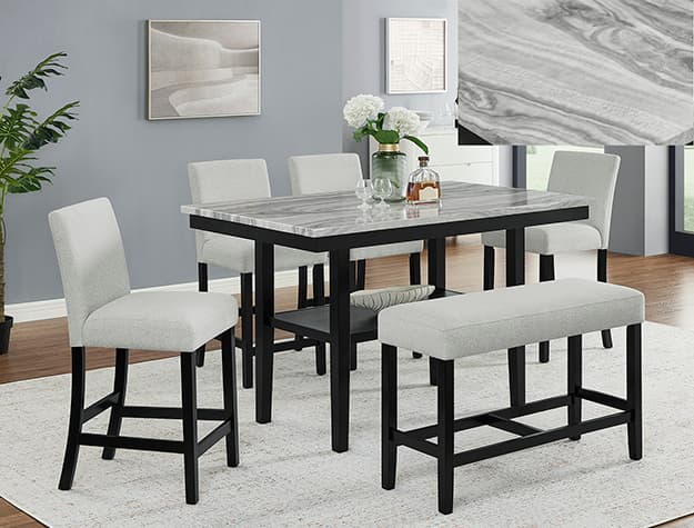 The Marbel 5-Piece + Bench Counter Height collection