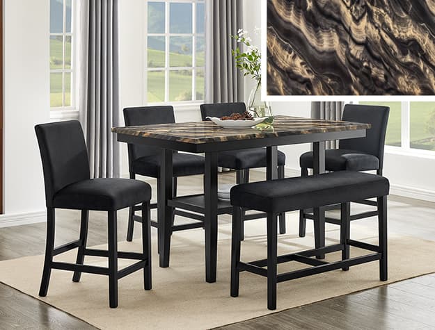 The Marbel 5-Piece + Bench Counter Height Gold Black collection